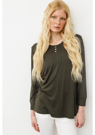Desen Triko Kadın Sıfır Yaka Uzun Kollu Penye Bluz 25767 Haki Haki
