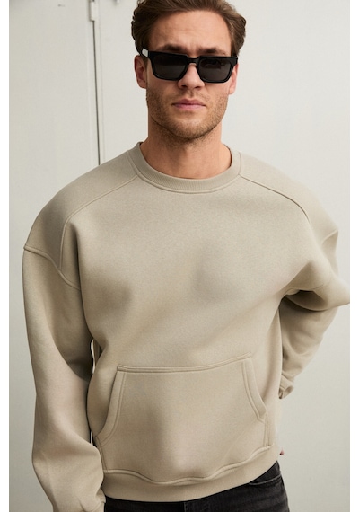 Grimelange Coyotes Erkek Bisiklet Yaka Kangru Cepli Organik Pamuk Regular Fit Açık Haki Sweatshirt Açık Haki