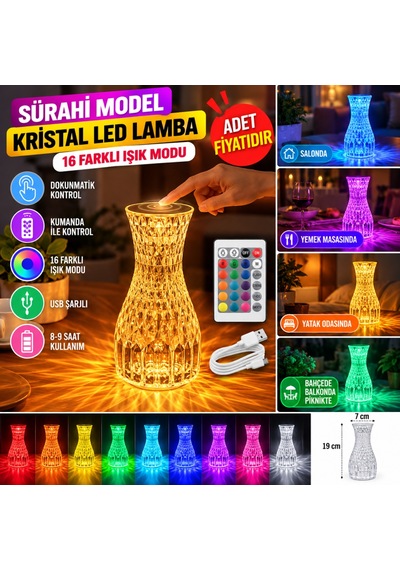 Sürahi Model Usb Şarjlı Kumandalı 16 Farklı Işık Modlu Masa Üstü Kristal Akrilik Lamba Led Adet Fiyatıdır Diğer