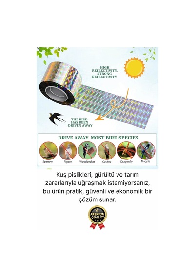 Premium Dayanıklı Yansıtıcı Kuş Kondurmaz Uzaklaştırıcı Hologramlı Kuşsavar Şerit Bant 45 Mm X 50 Mt