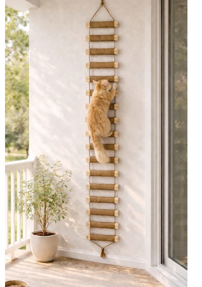 Ahşap Kedi Tırmanma Merdiveni Ve Duvar Köprüsü - Jüt İpli, 17 Basamak, 200 Cm