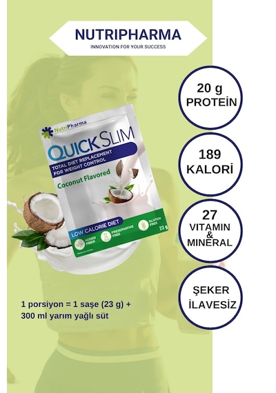 Nutripharma Quick Slim Whey Proteinli Öğün Tozu - Hindistan Cevizi Aromalı 30 Saşe + Shaker Hindistan Cevizi