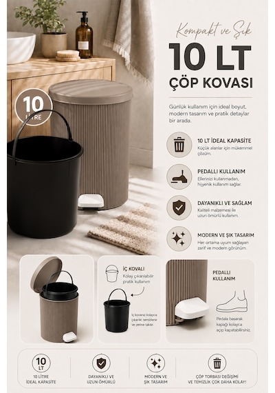 Porsima 0706-2 Still Mokka 10 Litre Pedallı İç Kovalı Yuvarlak Banyo & Mutfak Çöp Kovası Yok