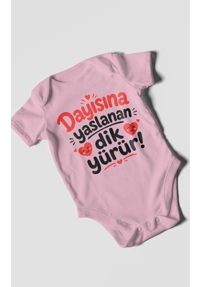 Morivokids Dayısına Yaslanan Dik Yürür Kısa Kollu Bebek Body %100 Pamuk Zbn254-kk Koyu Pembe