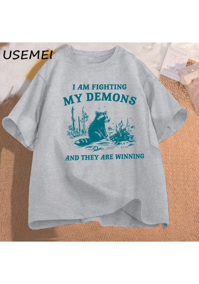 Flood Of Style Ben Benim Demons Rakun Meme T Shirt Mücadele Ediyorum Komik Grafik Baskılı Tişört Erkek Kadın Gri