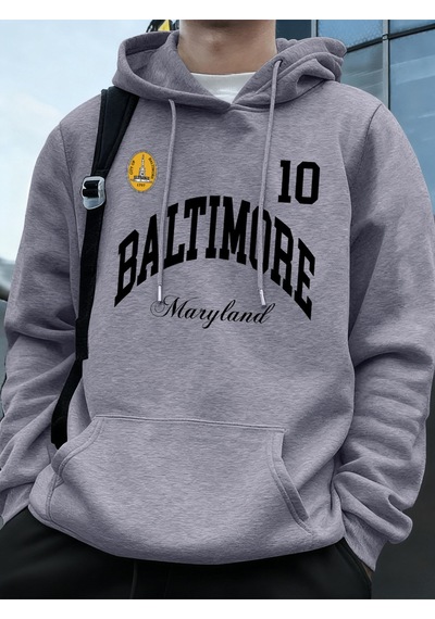 Startmore Startmorebaltimore Maryland Amblemi Baskılı Kapüşonlular Erkek Sportif Gevşek Tişörtü Kış Polar Sıcak Gri