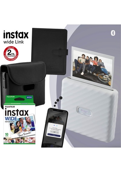 Fujifilm Instax Wide Link Gri Akıllı Telefon Yazıcısı + 10'lu Film + Deri Çanta + Albüm 2 Beyaz