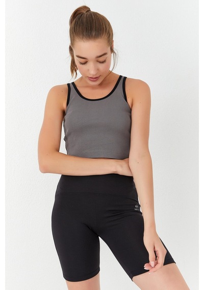 Tommy Life Gri Basic Sıfır Kol Dar Kalıp U Yaka Kadın Crop Top Atlet - 97162 Gri