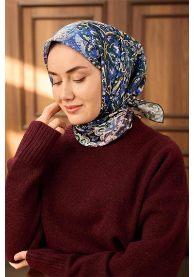 Silk Home Twill İpek Eşarp Petrol Mavisi-ekru Desenli Tok Duruşlu 90x90 Çok Renkli