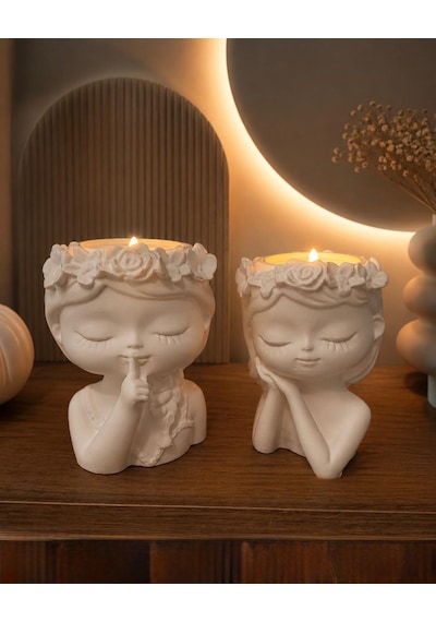 İkili Kız Figürlü Dekoratif Mumluk Seti Tealight Mum Hediyeli 2