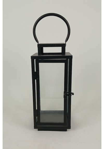 Cam Panelli 31 Cm Metal Mumluk Fener - Askılı Dikdörtgen Dekoratif Şamdan Siyah