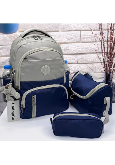 Suya Dayanıklı İlk Okul Çantası 3'lü Seti Unisex Çocuk İlkokul Çantası Ldc-8010 Gri-lacivert Gri
