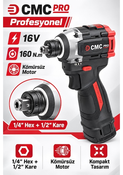 Cmc Profesyonel 16v Kömürsüz Akülü Darbeli Vidalama 160 Nm, Çift 2 Ah Akü, Çok Fonksiyonlu