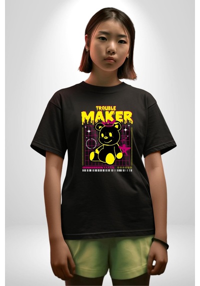 Baş Belası Teddy Pamuklu Bisiklet Yaka Unisex Oversize Boyfriend Dijital Baskılı Siyah T-shirt Siyah