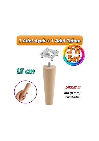 Ahşap Ayak 15 Cm 2'li Set M8 Civatalı Bağlantı Aparatlı Dolap Mobilya Koltuk Kanepe Destek Ayağı Ayakları Ahşap