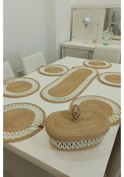 Kaan Home 6 Lı Supla 1 Runner 1 Kapaklı Örgü Ekmek Sepeti Seti Bej Krem Desenli Sunumluk Bej