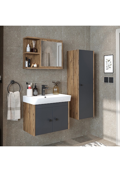 Ada Lavabolu Banyo Alt Dolabı + Banyo Üst Dolabı + Boy Dolabı Atlantik - Antrasit Ada Lavabolu Banyo Alt Dolabı + Banyo Üst Dolabı + Boy Dolabı Atlantik - Antrasit