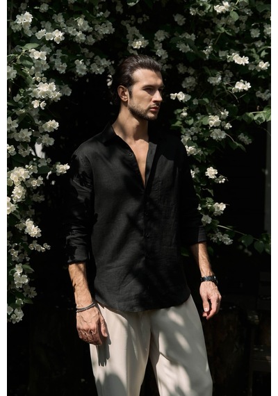 Mai Collection Mai Studios Co. Ombretta Siyah Keten Oversize Erkek Gömlek Siyah