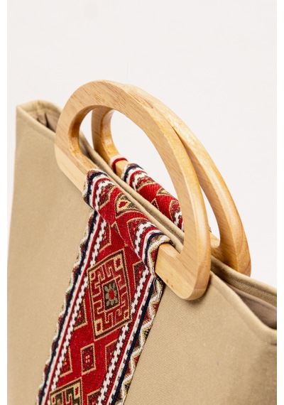Fabric Craft Bag El Çantası Kahverengi Duck Kumaş Ahşap Saplı Kahverengi - Sütlü Kahverengi