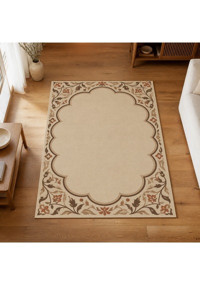 Kartela Halı Bulut Çerçeveli Klasik Halı Bej Kaymaz Taban Makinede Yıkanabilir 120x180 Cm