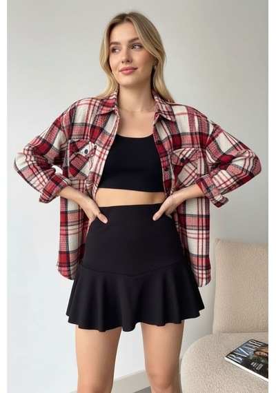 Mamayaga Kadın Desen Bloklu Oduncu Oversize Bol Ve Geniş Kalıp Casual Cepli Yakalı Ceket Gömlek Kırmızı
