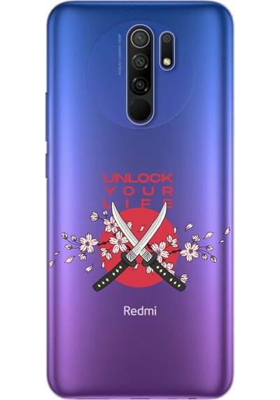 Redmi 9 Sakura Dagger Tasarımlı Süper Şeffaf Telefon Kılıfı Çok Renkli