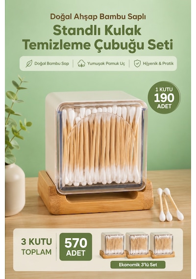 Porsima 3134 Doğal Ahşap Bambu Saplı Standlı 3lü Kulak Temizleme Çubuğu Seti- 570 Adet