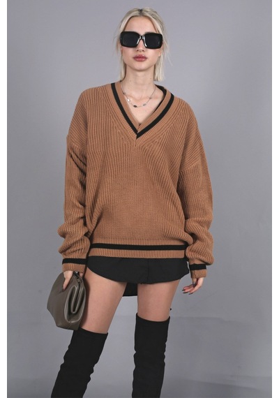Madmext Camel V Yaka Triko Kazak Mg1373 Camel