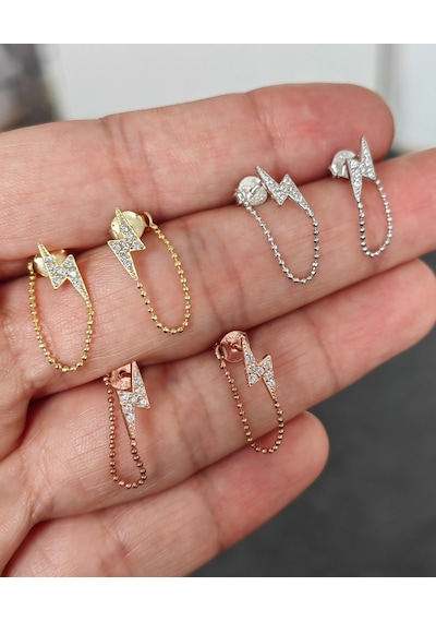 Şimşek Motifli Zincirli Gümüş Küpe - Gold Renk Altın