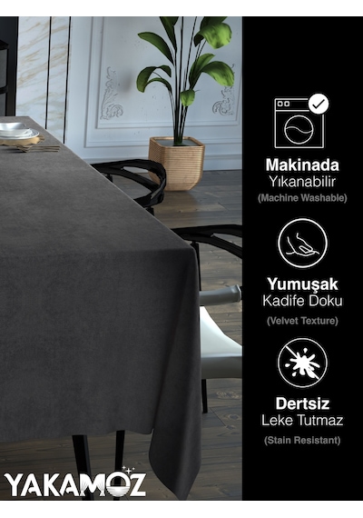 Karanlık Gri Kadife Dokulu Masa Örtüsü Dertsiz Velvet Touch Serisi Karanlık Gri