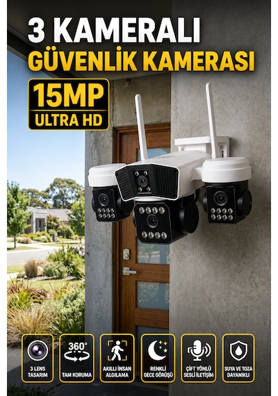ARM-95W 3 Kameralı Güvenlik Kamerası 15MP Ultra Hd Ptz Hareketli Akıllı Ip Kamera  V380 Pro Gece Görüşlü Sesli Dış Mekan