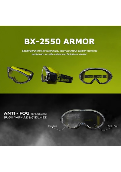Baymax Bx-2550 Armor Antifog Şeffaf Buğu Yapmayan Toz Çapak Koruyucu Uv Korumalı Laboratuvar İşçi İş Güvenlik Gözlüğü