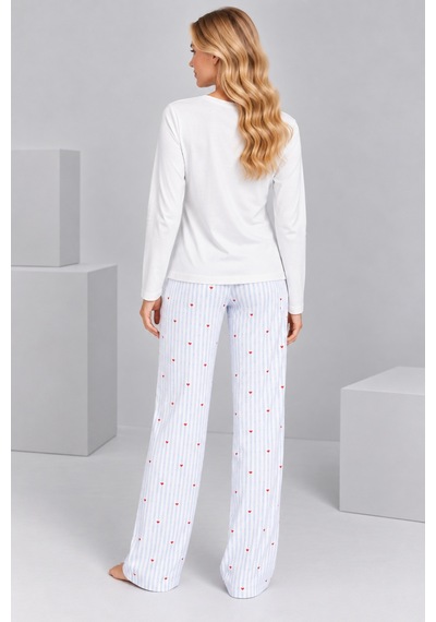 Pijamask Kadın Italian Pasta Baskılı Mavi Çizgili Bol Paça Pamuklu Pijama Takımı Beyaz