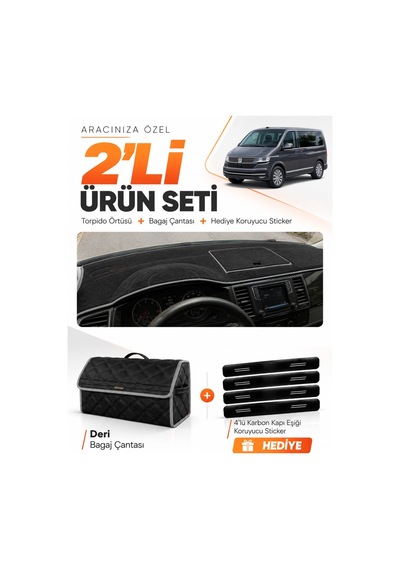 Volkswagen Transporter T6 Kapaklı 2015-2020 Uyumlu Torpido Örtüsü + Deri Çanta Seti - Siyah Gri