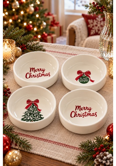 Merry Christmas 4 Parça 13 Cm Seramik Çerezlik & Sosluk Kase Kahvaltılık Sunumluk Beyaz