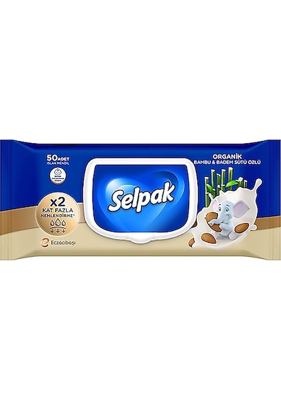 Selpak Organik Bambu Özlü & Badem Sütü Özlü Islak Mendil 50'li Tekli