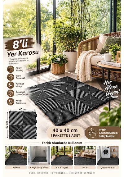 Porsima 0775 Antrasit Geçmeli Plastik Yer Karosu 8'li Set Kaymaz Izgaralı Balkon, Banyo & Teras Zemin Karo 40x40 Cm