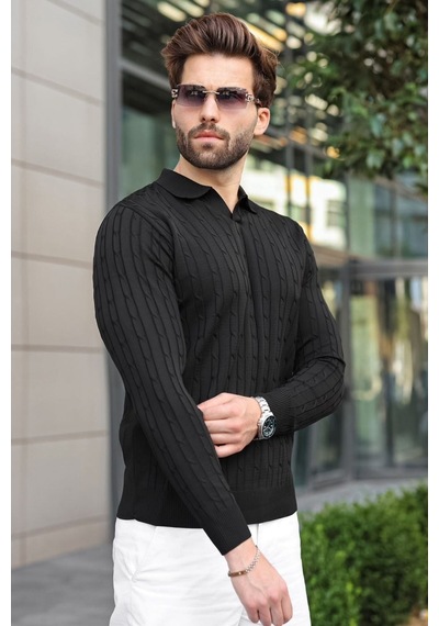 Madmext Siyah Polo Yaka Saç Örgü Desenli Erkek Triko Kazak E7519