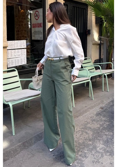 Madmext Haki Yüksek Bel Keten Wide Leg Pantolon Mg2718
