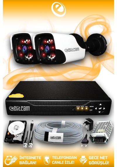 Elitcam 2 Kameralı Panda 2 Dış Kamera Set 100 GB HDD Full HD Gece Görüşlü Güvenlik Kamerası Sistemi