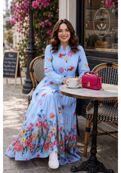 Hb Harma Time Butik Kadın Düğmeli Çiçek Desenli Modal Mavi Elbise