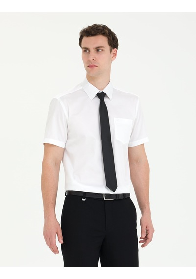 Pierre Cardin Beyaz %100 Pamuk Parlak Saten Regular Fit Kısa Kollu Basic Gömlek