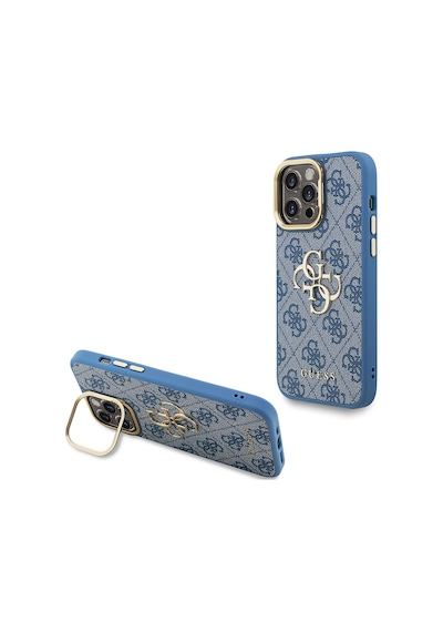 Apple iPhone 13 Pro Max Uyumlu Kılıf Guess Lisanslı Metal 4g Ve Yazı Logolu Kamera Standlı Kapak Mavi