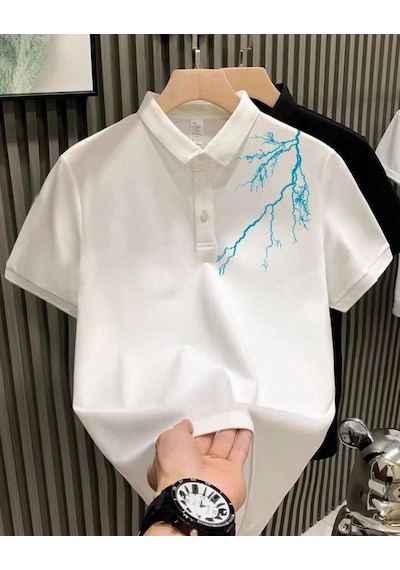 Erkek Polo Yaka Tişört Düğmeli Pike Yıldırım Baskılı T-shirt - Beyaz