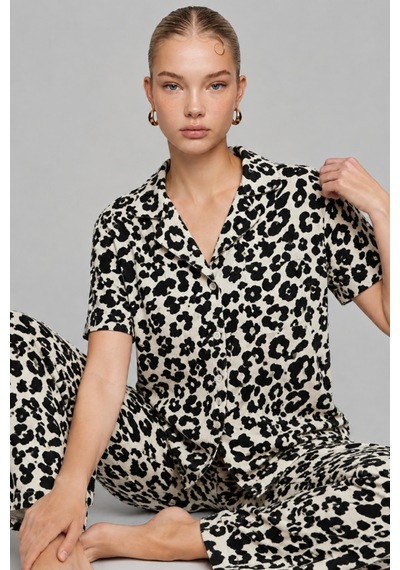 Kadın Kısa Kol Comfort Leopar Pijama Takımı 4737 Siyah