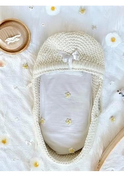 Papatya İşlemeli Doğal Dokusu Pamuk Müslin Bebek Battaniyesi 75x75 Cm Beyaz 36 Derece Üstü