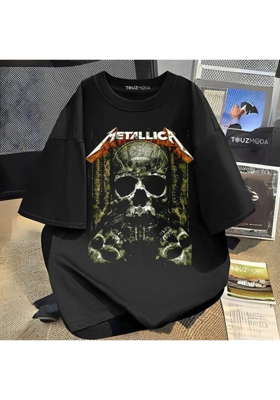 Startmore Rock Serisi Metallica Skull Baskılı Unisex Oversize Siyah