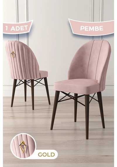 Canisa Ritim Serisi, Ceviz Gürgen Ayaklı 1.sınıf Babyface İthal Kumaş Pembe Sandalye Gold Halkalı, 1 Adet Sandalye Pembe Ayaklar Cevizz