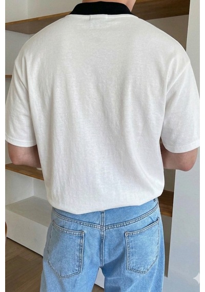 Erkek Kolej Yaka Tişört Kontrast Detaylı Casual Regular Polo Yaka T-shirt Beyaz