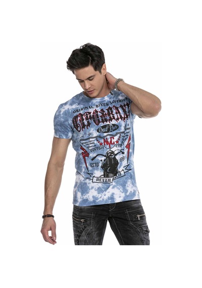 CT629 Mavi Desenli Vintage Biker Tişört Mavi